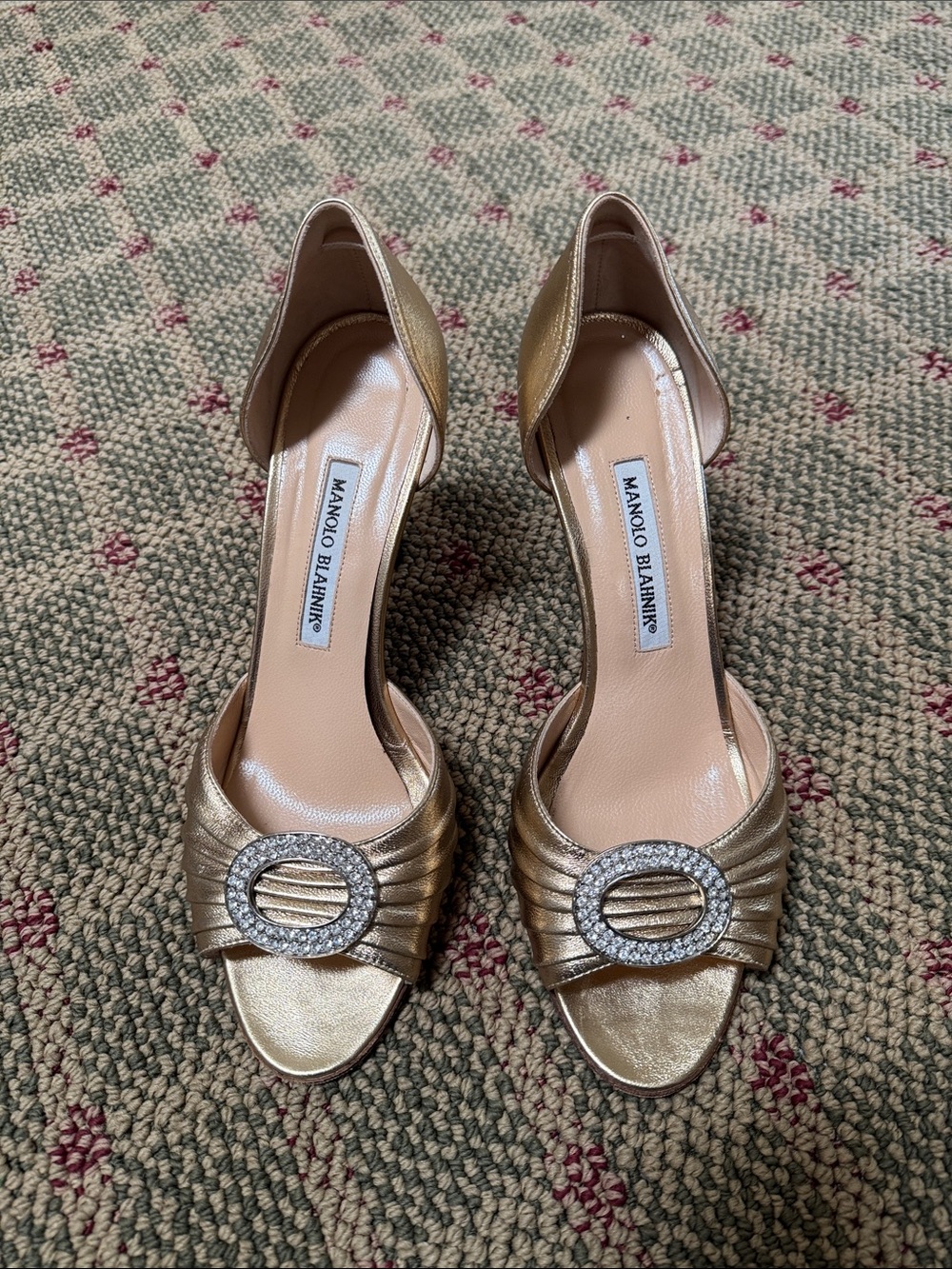 Manolo Blahnik Metallic Gold D'Orsay Open-Toe Pumps with Crystal Buckle